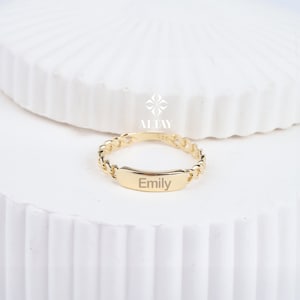 14K Gold Engraved Name Ring, Dainty Bar Ring, Cuban Link Ring, Custom Rectangle Ring, Personalized Initial Band Ring, Christmas Gift