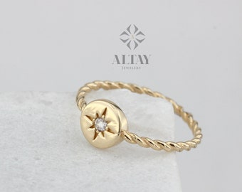 14K Gold Star Signet Ring, Signet Star Ring, Beaded Star Signet Ring, Minimalist Dainty Ring, Gift For Her, Star Setting,Stackable Thin Ring