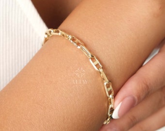 14K Gold Rectangle Chain Bracelet, Oval Chain Bracelet, Rectangle Long Paperclip Chain Anklet, Chunky Chain Link, Light Tone Bracelet