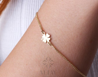 14K Gold Clover Bracelet, Shamrock Gold Bracelet, Nature Charm WristBand, Lucky Clover Bracelet, Four Leaf Clover Bracelet, Gift for Her