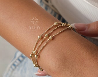 14K Gold Station Ball Bracelet, Popcorn Chain Bracelet, Satellite Beaded Bracelet, Mini Multi Balls Bracelet, Free Extender Butterfly Charm