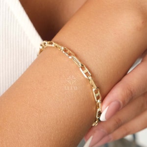 14K Gold Rectangle Chain Bracelet, Oval Chain Bracelet, Rectangle Long Paperclip Chain Anklet, Chunky Chain Link, Light Tone Bracelet