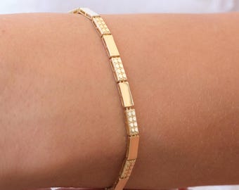 14K Gold Geometric Bar Bracelet, 3mm Station Link Gold Bracelet, Minimal Polished Gold Bracelet, Modern Everyday Gold Jewelry, Gift for Her