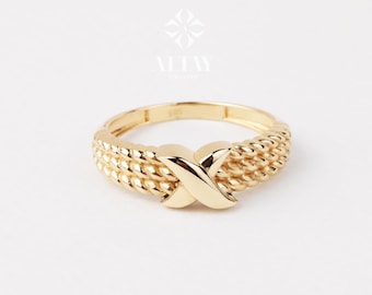 14K Gold Criss Cross Ring, X Stacking Ring, Solid Gold Plain X Ring, Crossover Ring for Women , Anniversary Gift for Her