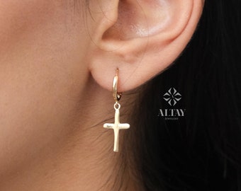 14K Gold Cross Dangle Earrings, Dainty Crucifix Earrings, Huggie Hoop Earrings, Protection Jewelry, Religious Jewelry, Christian Charm