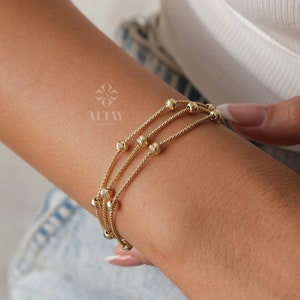 14K Gold Station Ball Bracelet, Popcorn Chain Bracelet, Satellite Beaded Bracelet, Mini Multi Balls Bracelet, Free Extender Butterfly Charm