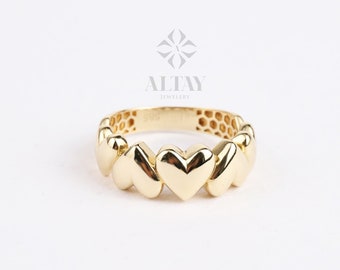 14K Gold Heart Ring, Puffy Heart Love Ring, Multi Heart Band Ring, Small Promise Ring, Dainty Stacking Gold Ring, Wedding Ring, Gift For Her
