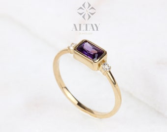 14K Gold Amethyst Ring, Baguette February Birthstone, Amethyst Wedding Band, Diamond Engagement Ring, Gold Purple Gemstone, Matching Band