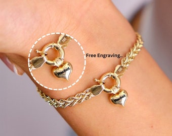 14K Gold Rope Chain Bracelet, 4.7mm Dainty Rope Bracelet, Personalized Heart Charm, Custom Engraved Heart Rope Bracelet, Initial Bracelet