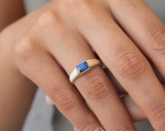 14K Gold Sapphire Ring, Baguette September Birthstone, Blue Sapphire Ring, Unique Sapphire Ring, Stacking Sapphire Ring, Jewelry Ring