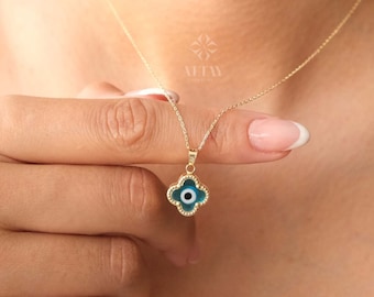 14K Gold Evil Eye Necklace, Clover Evil Eye Necklace, Evil Eye Charm Pendant, Hamsa Nazar Necklace, Lucky Clover Necklace, Women Necklace