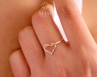 14K Solid Gold Heart Knot Ring, Dainty Knot Ring, Minimalist Love Stackable Band, Pretzel Knot Ring, Twisted Wire Tie, Gift for Her