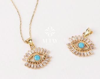 14K Gold Evil Eye Necklace, Eyelash Charm Pendant, Turquoise Stone Charm, Good Luck Protection Symbol, Dainty Necklace, Gift For Her