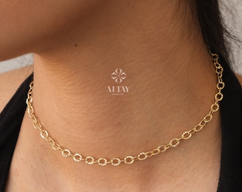 14K Gold Chain Necklace, Rolo Chain Choker, Oval Links Necklace, Chunky Chain Necklace, Cable Chain Necklace, Women Layering Necklace
