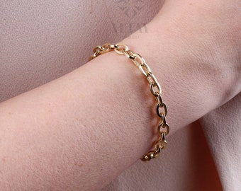 14K Gold Paperclip Rolo Chain Bracelet, Oval Rectangle Paper Clip Chain, Gold Thick Flat Oval Link, Woman Man Gold Bracelet, Rolo Gold Link