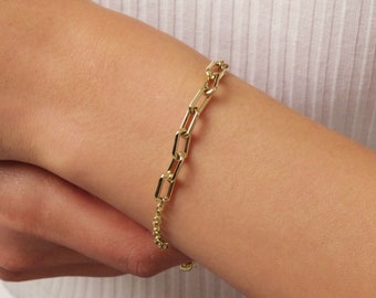 14K Gold Paperclip Rolo Chain Bracelet, Rectangle Paper Clip Chain, Gold Thick Flat Oval Link, Round Rolo Gold Link, Woman Man Gold Bracelet