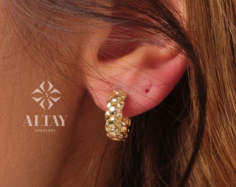 14K Gold Popcorn Huggie Hoops, Tiny Beaded Huggie Hoops, Bold Statement Earrings, Dainty Gold Ball Hoops, Minimalist Helix Piercing Hoops