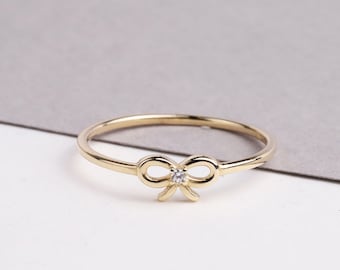 14K Gold Bow Tie Ring, Bow Tie Cz Diamond Band Ring, Mini Bow Ring, Ribbon Bow Ring, Dainty Style, Knot Ring, Promise Ring, Round Cz Diamond