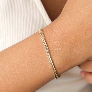 Pulsera de cadena de oro de 14 quilates con forma de palma Franco, cadena de oro con eslabones de espiga, tobillera con cadena de espiga de palma, cadena para hombres y mujeres