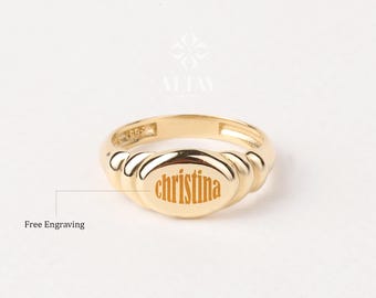 14K Gold Oval Signet Ring, Engraved Initial Ring, Personalized Old English Gold Signet Ring, Oval Shape Pinky Ring, Customized Letter Band