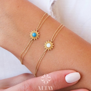 14K Gold Opal Bracelet, Blue and White Opal Charm Bracelet, Dainty Gold Stacking Bracelet, Opal Jewelry, Stacking Bracelet, Gift for Her