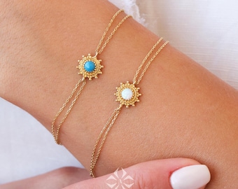 14K Gold Opal Bracelet, Blue and White Opal Charm Bracelet, Dainty Gold Stacking Bracelet, Opal Jewelry, Stacking Bracelet, Gift for Her