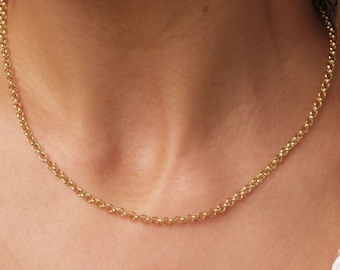 14K Gold Rolo Chain Necklace, 3mm Gold Link Belcher Chain Choker, Round Link Charm Necklace, Minimal Delicate Round Necklace, Woman, Men
