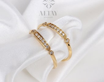 14K Gold Art Deco Wedding Band Ring, Princess Ring, Vintage Style Wedding, Half Eternity Bridal Ring, Cute Stacking Ring, Gold Promise Ring