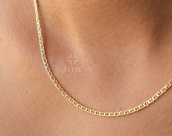 14K Gold Mariner Chain Necklace, 2mm Mariner Link Chain Necklace, Anchor Link Necklace, Flat Mariner Necklace, Minimalist Layering Necklace