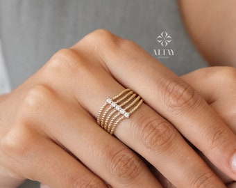 14K Gold 5 Stone Wedding Ring, Braided Band, Promise Anniversary Ring, Bridal Ring, Five Stone Stacking Ring, Dainty Ribbed Wedding Ring