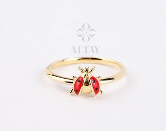 14K Gold Ladybug Ring, Ladybird Colorful Ring, Unique Animal Ring, Cute Tiny Pinky Ring, Handmade Jewelry, Good Luck Statement Ring