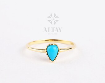 14K Solid Gold Drop Ring, Turquoise Pear Stone Ring, Dainty Knuckle Band, Stackable Ring, Gift For Her, Minimal Ring, Colorful Stone Ring