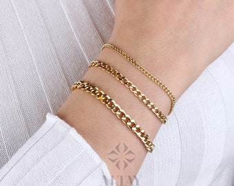 14K Gold Cuban Link Bracelet, 2mm 3mm 4mm Curb Chain, Women Men Real Gold Stacking Bracelet, Miami Cuban Chain Link, Handmade Bracelet