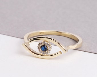14K Gold Evil Eye Ring, Evil Eye CZ Diamond Band Ring, Hamsa Ring, Sapphire Ring for Women, Third Eye Ring, Delicate Pinky Protection Ring