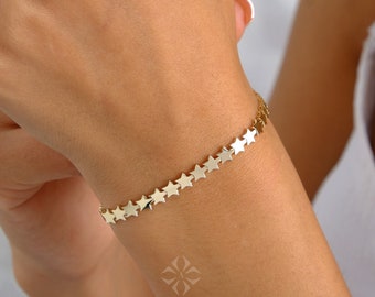 14K Gold Star Bracelet, Gold Multi Stars Bracelet, Dainty Celestial Jewelry, Minimalist Star Charm Bracelet, Anniversary Gift For Her