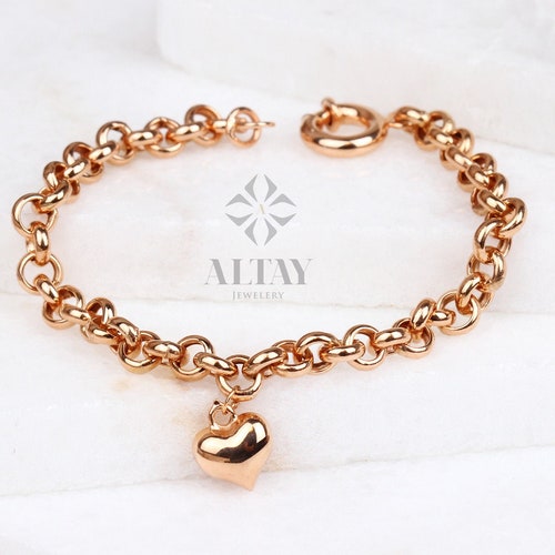Gold Heart Charm Bracelet 14k Gold Rolo Chain Love Bracelet Etsy
