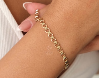 14K Gold Rolo Chain Bracelet, 5mm Gold Link Belcher Chain Bracelet, Belt Link Charm Bracelet, Minimal Delicate Round Bracelet, Women, Men