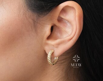 14K Gold Croissant Hoop Earrings, 15mm Round Thick Chunky Hoops Gold Earrings, French Hoop Earrings, Statement Earrings, Women Bold Hoops