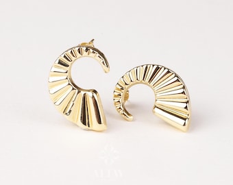 14K Gold Rope Ribbed Croissant Huggie Earrings, Thick Twisted Crescent Moon Hoop, Textured Gold Huggies