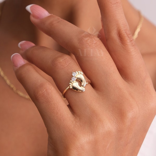 14K Gold Baby Füße Ring, personalisierte Baby Füße Namensband, Geburtsstein Fußabdruck Ring, Name graviert Baby Shower, neue geboren Ring, neue Mutter Geschenk