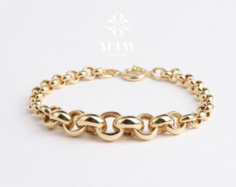14K Gold Rolo Chain Bracelet, 10mm Round Paperclip Chain, Gold Thick Shiny Round Link, Rolo Charm Link , Women Man Gold Stacking Bracelet