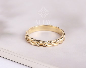 14K Gold Palm Franco Chain Ring, Celtic Braided Gold Ring, Irish Knot Ring, Braid Pattern Stacking Ring, Foxtail Palm Wheat Chain Ring