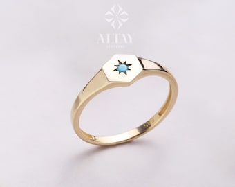 14K Gold Turquoise Stone Ring, Polar Star Band, North Star Turquoise Ring, Astrology Starburst Ring, Luck Star, Celestial Pinky Ring