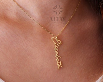 14K Gold Personalized Name Necklace, Vertical Handwriting Name Necklace, Custom Cursive Nameplate Pendant, Dainty Memorial Gift for Her
