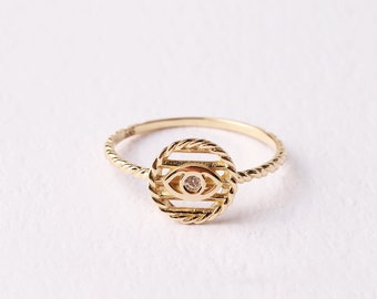 14K Gold Evil Eye Ring, Evil Eye CZ Diamond Rope Band Ring, Hamsa Ring, Ring for Women, Third Eye Ring, Delicate Pinky Protection Ring