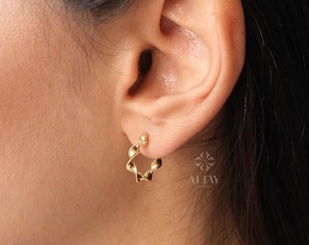 14K Gold Twist Huggie Earrings, Rope Huggie Hoop Earrings, Gold Spiral Hoops, Threader Earrings, Large Twisted Hoop Earrings, Unique Design