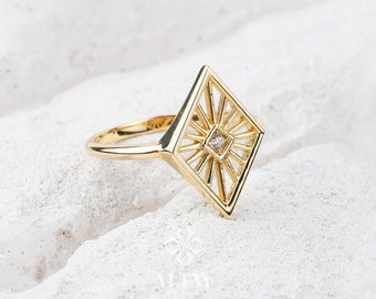 14K Gold Rhombus Ring, Kite Signet Ring, Geometric Rhombus Ring, Minimal Pinky Ring, Stacking Knuckle Band, Diamond Shape Ring Birthday Gift