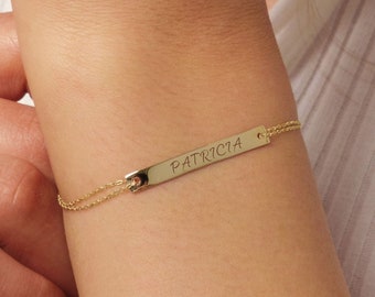 14K Gold Bar Bracelet, Custom Bar Bracelet, Personalized Name Bracelet, Engraved Bracelet for Women, Friendship Bracelet, Mothers Day Gift