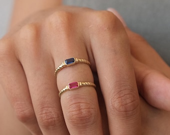 14K Gold Solitaire Birthstone Ring, Birthstone Solo Personalized Ring, Custom Gemstone Ring, Twisted Knuckle Band, Stacking Wedding Ring