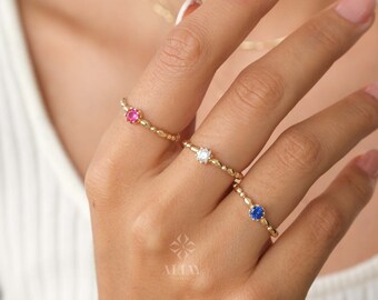 14K Gold Solitaire Birthstone Ring, Birthstone Solo Personalized Ring, Custom Gemstone Ring, Beaded Knuckle Band, Stacking Wedding Ring